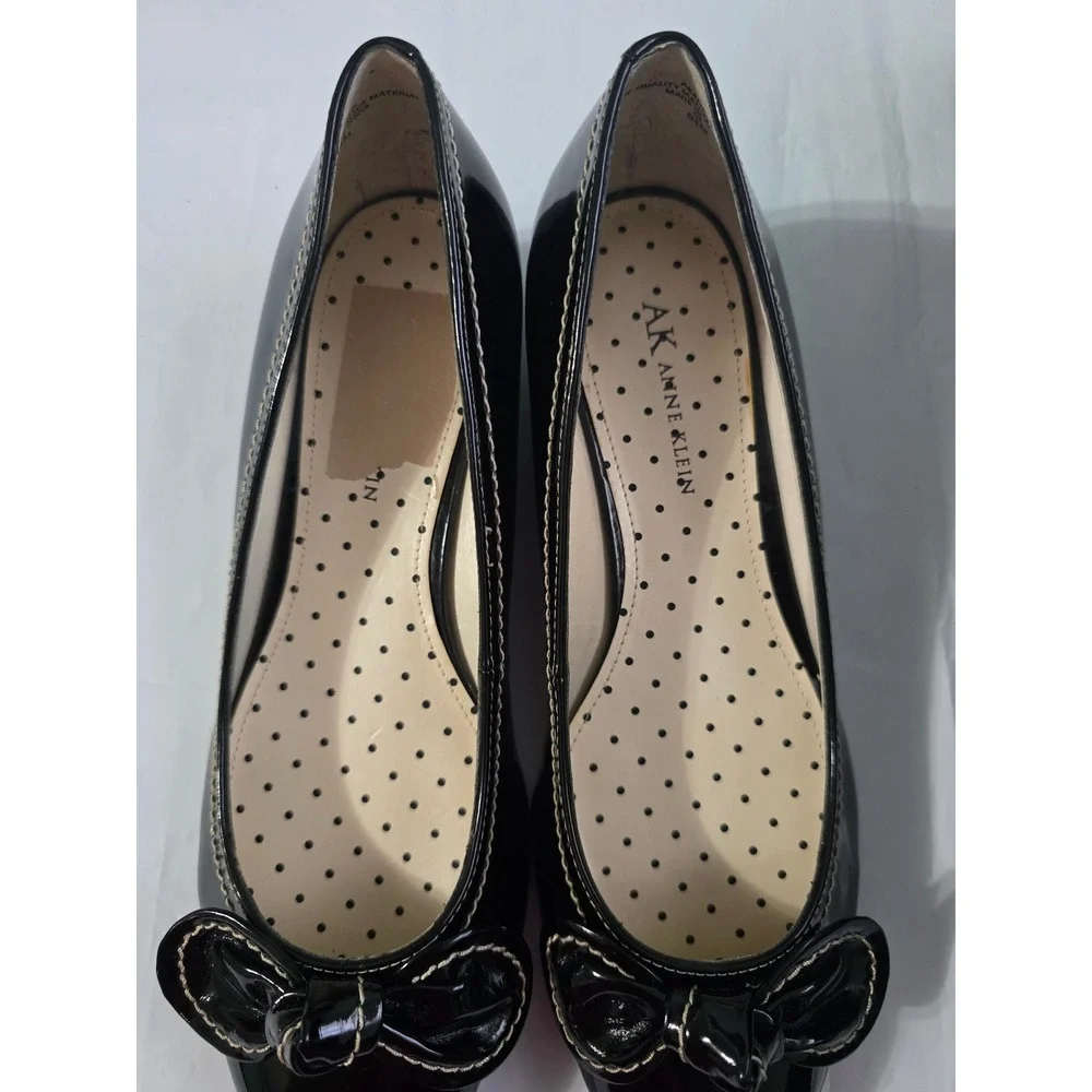 Anne Klein Akadelie Black Patent Bow Pointed Toe Wedge Pumps Shoes Womens 8.5 M